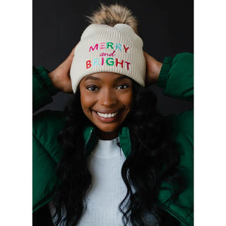 Beige Merry & Bright Knit Pom Hat