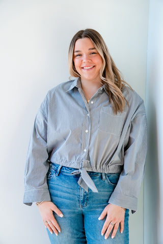 Black Stripe Tie Button Top