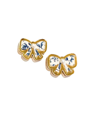 Blue Bow Floral Stud Earrings