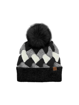 Chunky Weaved Pom Beanie - Black