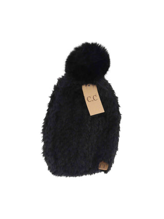 Faux Fur Pom Beanie - Black