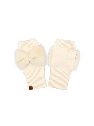 Fur Bow Fingerless Gloves - Beige