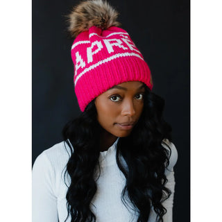 Pink & White Apres Pom Hat