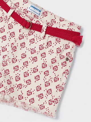 Red Printed Shorts w/ Belt - Toddler Girl