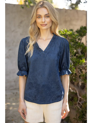 Sweet in Suede Ruffle Top - Navy