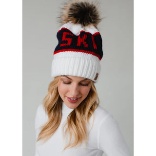 White, Navy & Red Ski Pom Hat