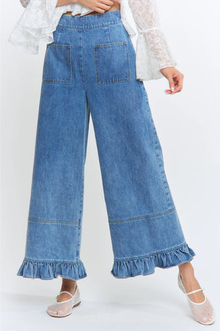 Wide Leg Denim Ruffle Hem Trouser